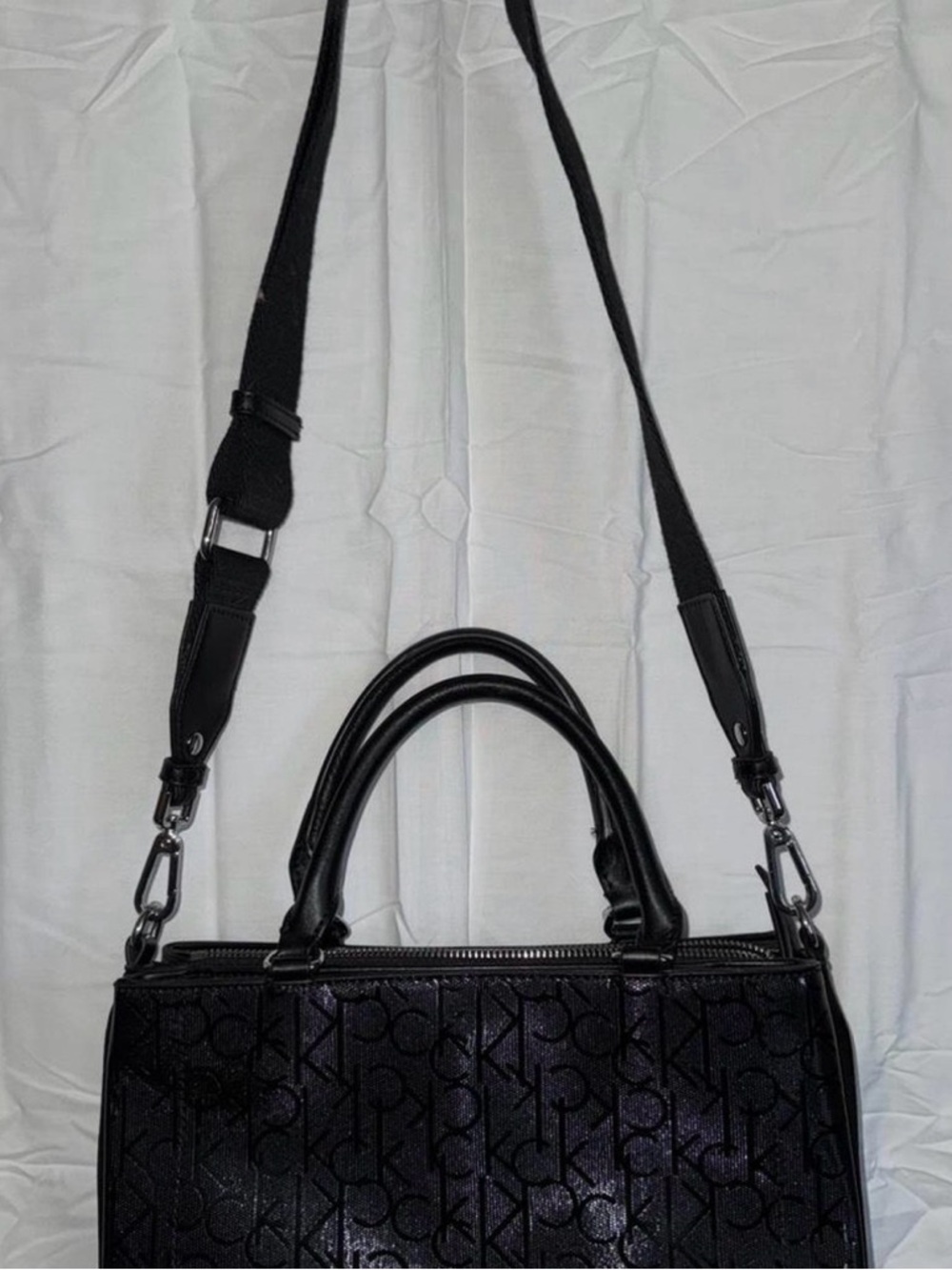Calvin Klein Black CK Monogram Satchel with Detachable Strap